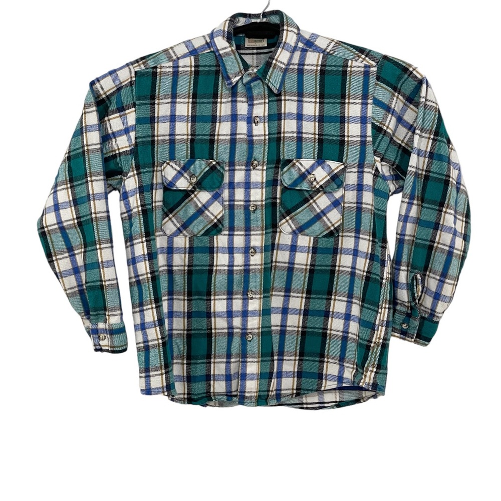 FIVE BROTHER Vintage 90s Green Blue Flannel Shirt Mens Heavy Flannel Work Shirt